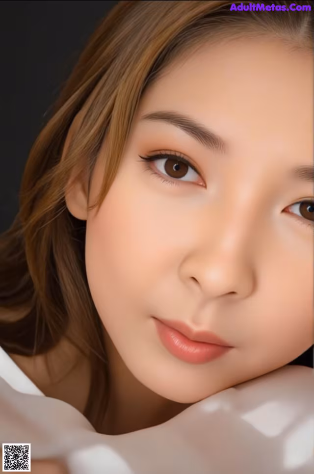 A close up of a woman's face with brown eyes.