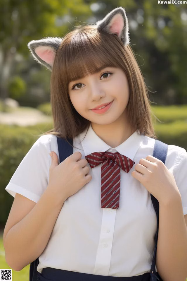 A woman in a school uniform with a cat ears on her head.
