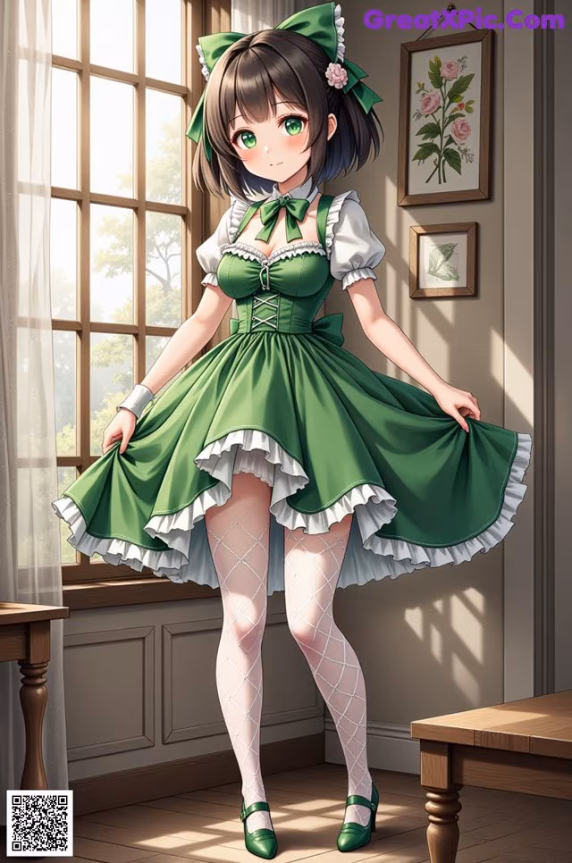 A girl in a green dress standing in front of a window.
