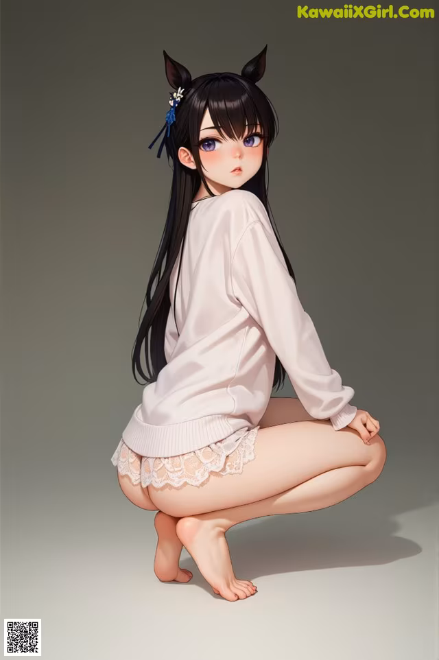A girl with long black hair and a cat ears on her head.