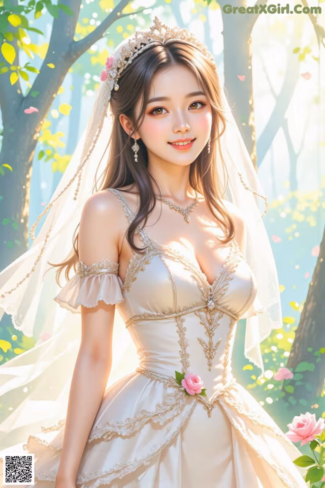 A woman in a wedding dress standing in a forest.