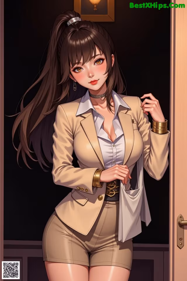 A woman in a beige suit standing in front of a door.