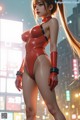 A woman in a red bodysuit standing in the middle of a city.