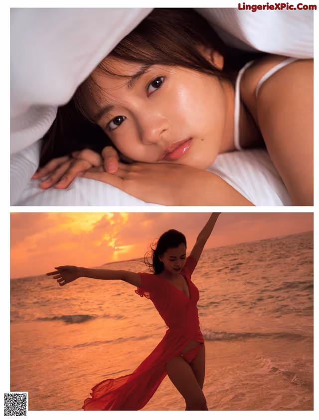 A woman in a red dress laying on the beach.