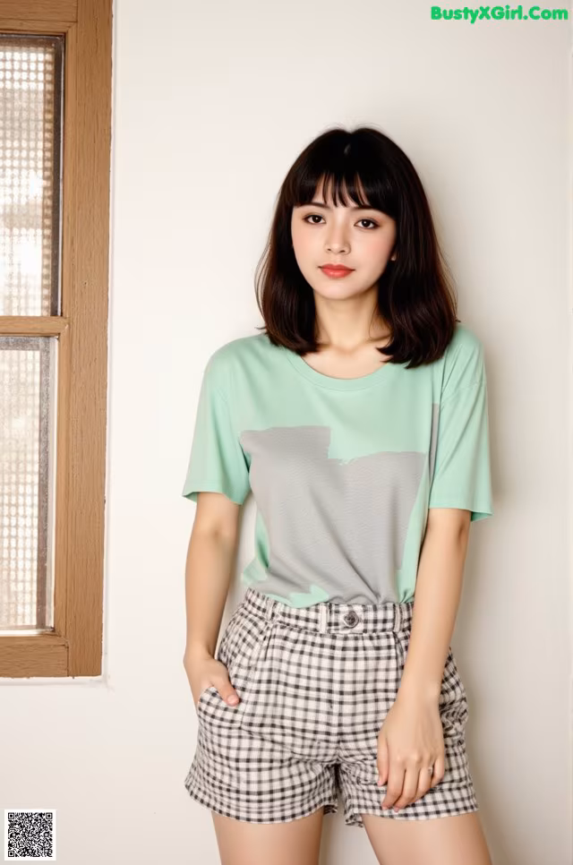 A woman standing in front of a window wearing a green shirt and plaid shorts.