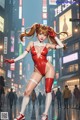 A woman in a red and white bodysuit standing in the middle of a city.