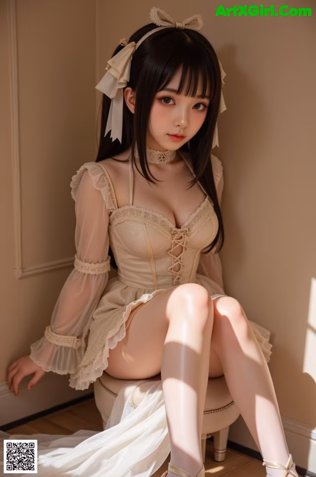 A woman in a white dress sitting on a chair.