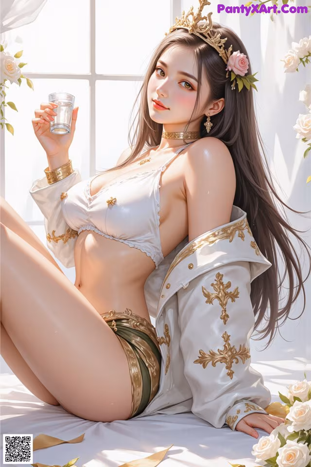A woman sitting on a bed holding a glass of water.