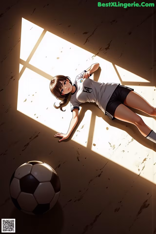 A girl laying on the ground next to a soccer ball.