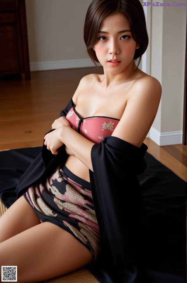 A woman in a pink and black lingerie sitting on the floor.