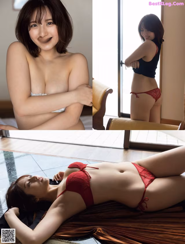 A woman in a red lingerie laying on a bed.