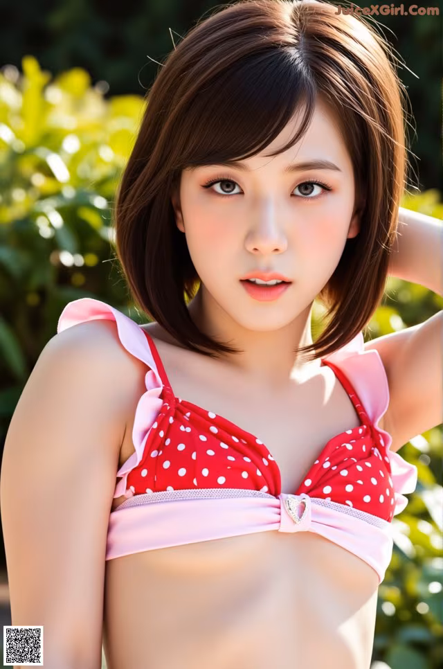 A woman in a red and white polka dot bikini posing for a picture.