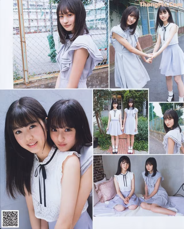 A collage of photos of two young women in school uniforms.