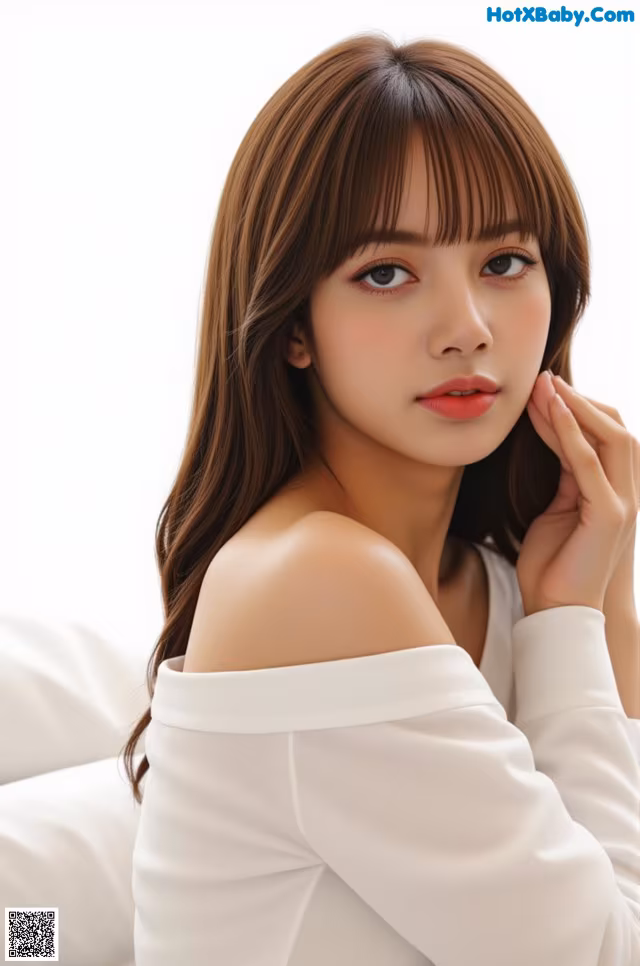 a woman sitting on top of a white couch